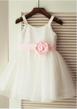 Thin Straps Ivory Sequin Tulle Wedding Flower Girl Dress With Pink Flower Sash